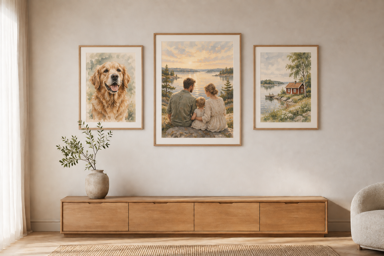 Tre tavlor i ekramar med ett hundporträtt, ett familjemotiv och en sommarstuga ovanför en byrå